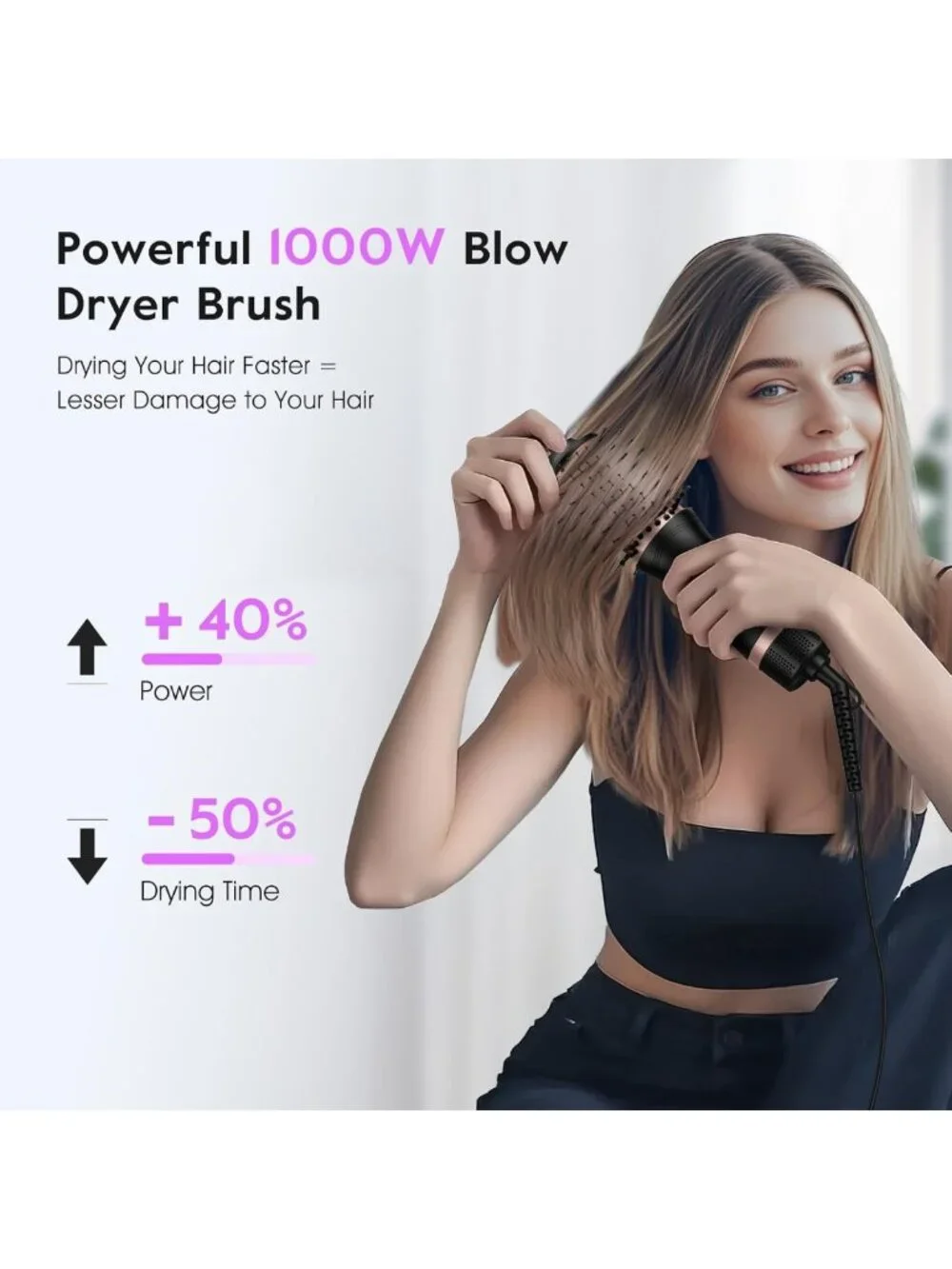 Compact Dual Voltage Hot Air Brush - 1000W Ionic Hair Dryer & Styler for Travel